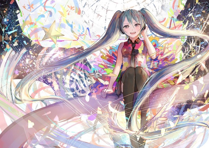 Hatsune Miku illustration with colorful abstract background
