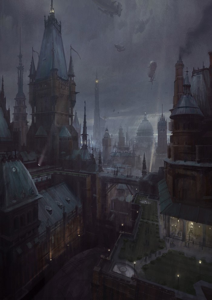 Steampunk city with airships, The Order 1886 concept art