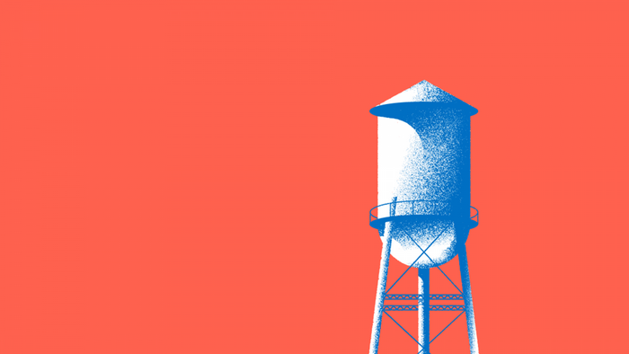 Illustration of a blue water tower on a red background