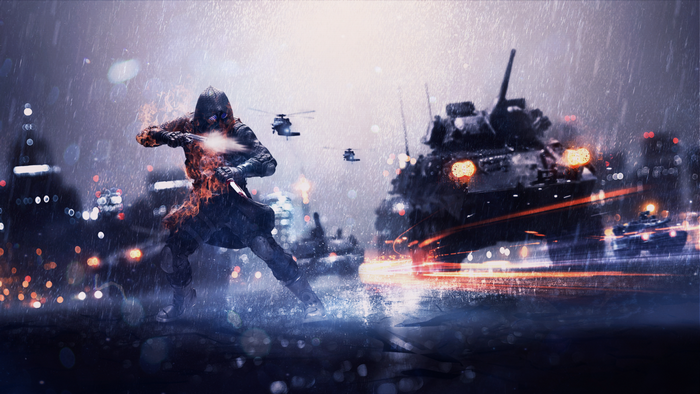 Soldier on fire in Battlefield during a rainy battle