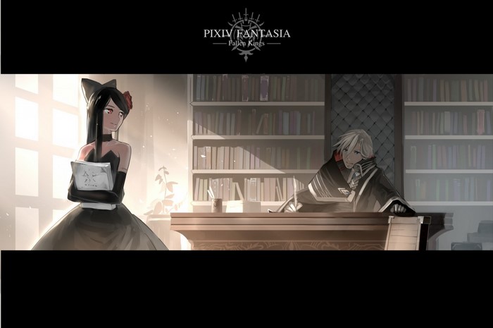 Pixiv Fantasia Fallen Kings: Anime characters in a library
