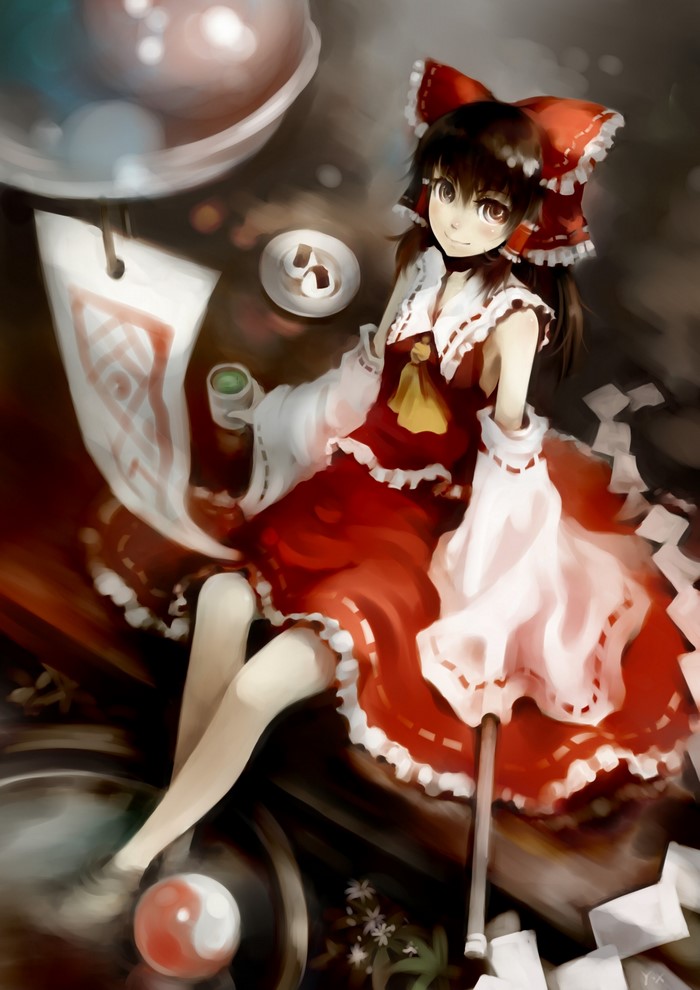 Hakurei Reimu from Touhou with food and drink
