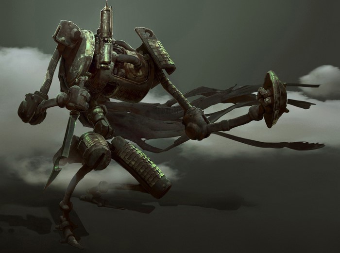 Steampunk insectoid robot with sword and shield