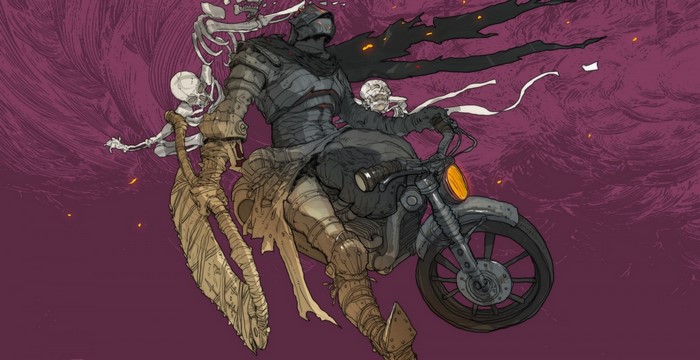 Knight on a motorcycle with skeletons
