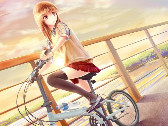 Anime girl with long hair riding a bicycle