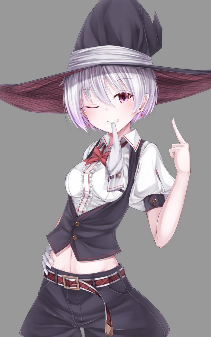 Anime girl with witch hat and purple eyes