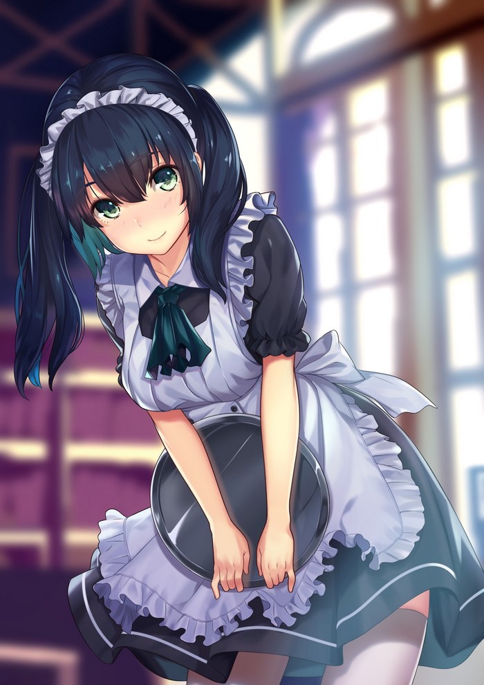 Anime maid girl with black hair and green eyes holding a tray