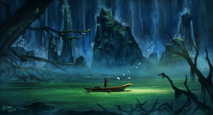 Person in a boat on a glowing green river with waterfalls