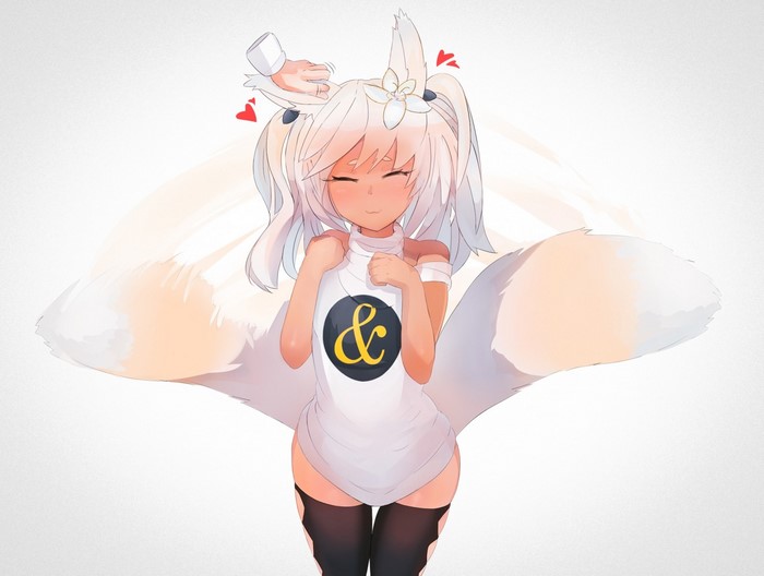 Anime girl with fox ears and tail petting her head