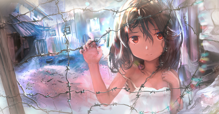Anime girl behind barbed wire in a slum