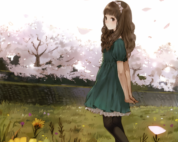 Anime girl in green dress under cherry blossoms