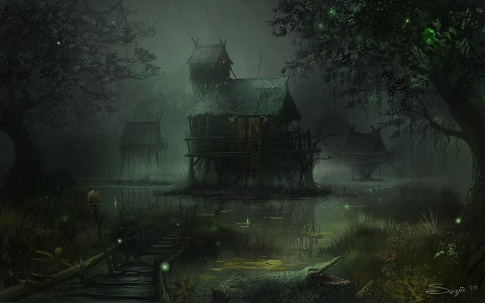 Creepy swamp houses at night with glowing lights