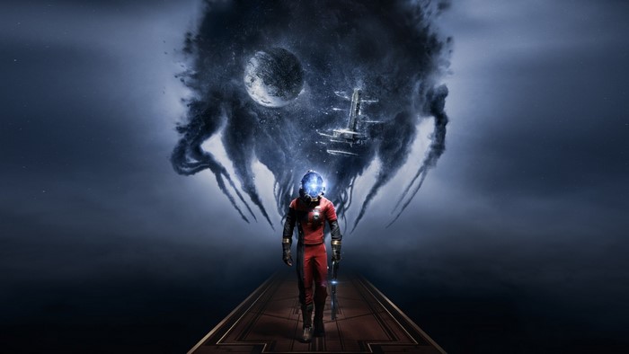 Morgan Yu from Prey in front of a dark, cosmic entity