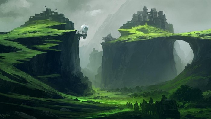 Mysterious Valley with Cliffside Villages and Mist