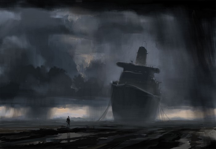 Abandoned ghost ship in stormy weather with a lone figure