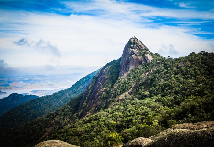 Mountain peak covered in trees with a distant view