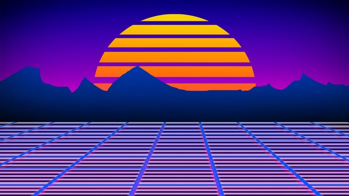 Retro Sunset Grid Landscape with Mountains