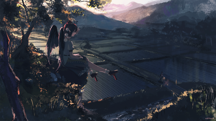 Shameimaru Aya from Touhou sitting on a cliff overlooking rice paddies