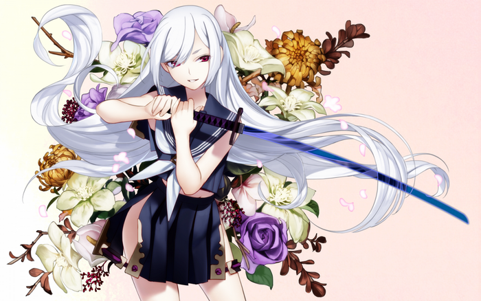 Anime girl with white hair holding a sword