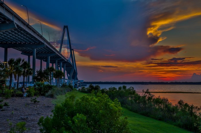 Arthur Ravenel Jr. Bridge at sunset over water