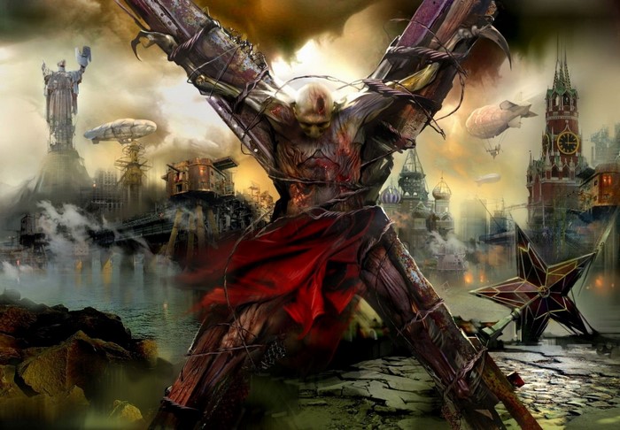 Artwork of a crucified figure in a dystopian city