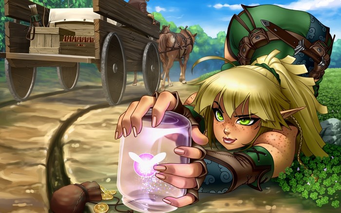 Linkle from The Legend of Zelda holding a fairy jar