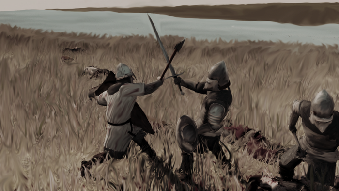 Medieval soldiers fighting with swords in a field