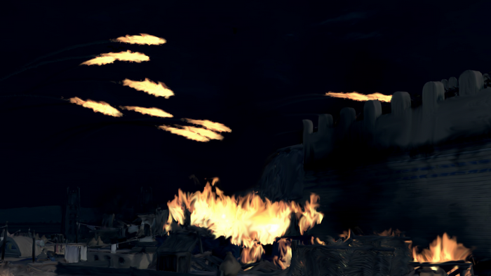 Night siege with fire and projectiles