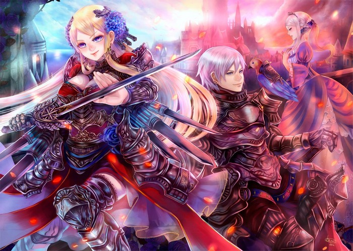 Anime characters in armor with swords and a castle