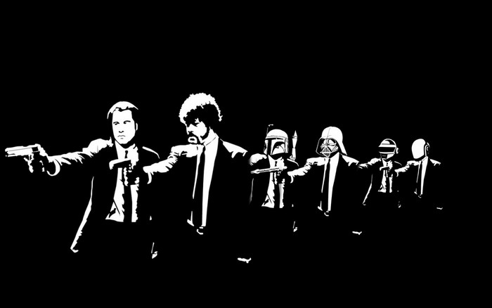 Pulp Fiction characters with Star Wars and Daft Punk helmets