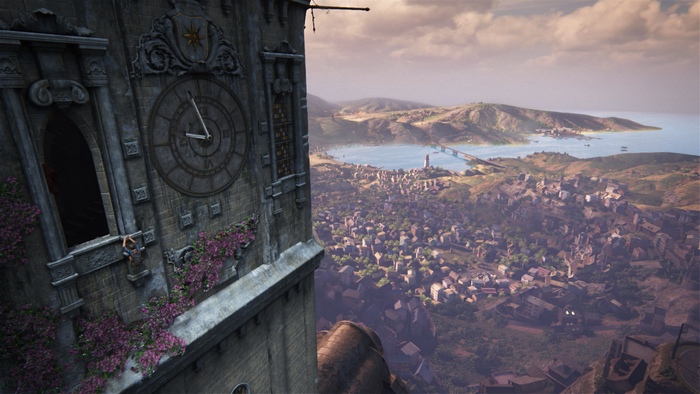 Nathan Drake from Uncharted 4: A Thief's End on a clock tower