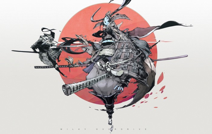 Samurai warrior with swords and red sun background