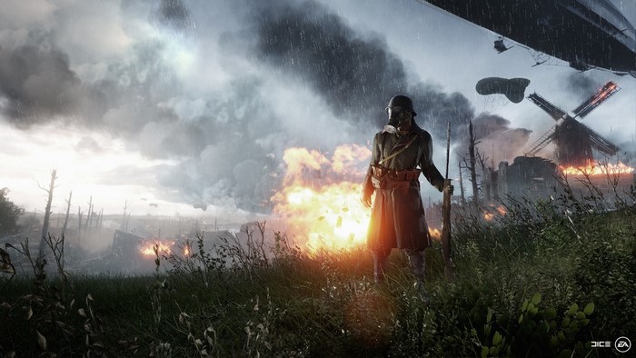 Soldier in Battlefield 1 during a battle with a zeppelin