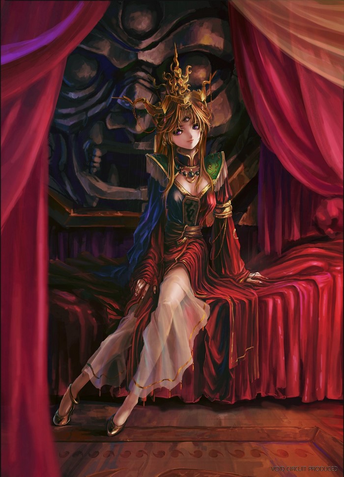 Anime girl with crown sitting on a bed