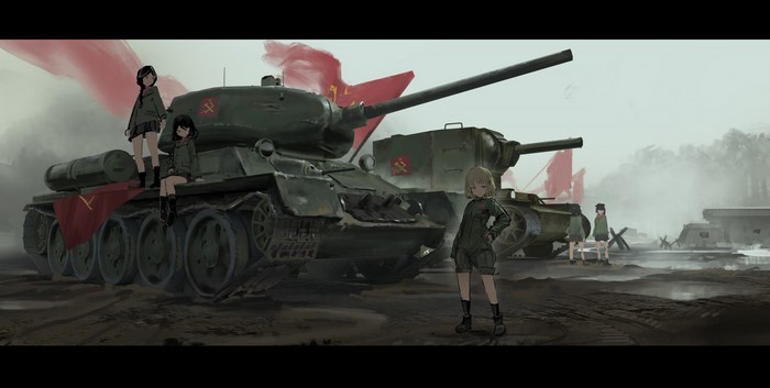 Girls und Panzer anime girls with Soviet tanks