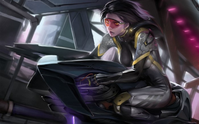 Anime girl in futuristic suit riding a hoverbike