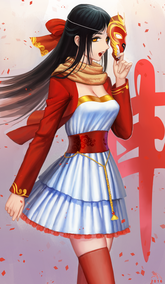 Anime girl in traditional Chinese costume holding a mask