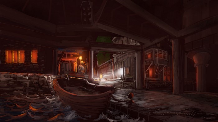 Fantasy dockside at midnight with a boat and buildings