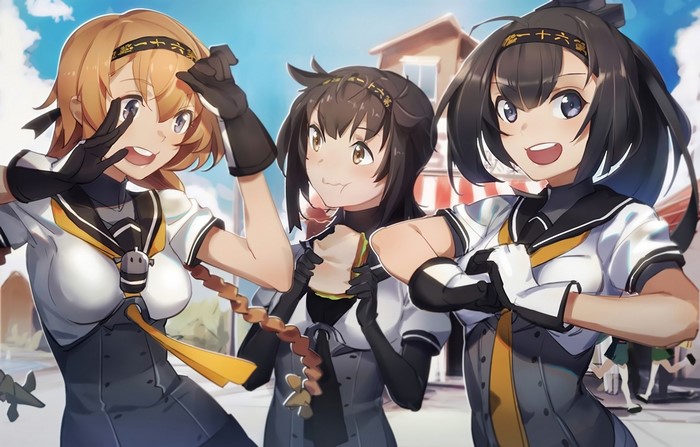 Anime girls from Kantai Collection in school uniforms