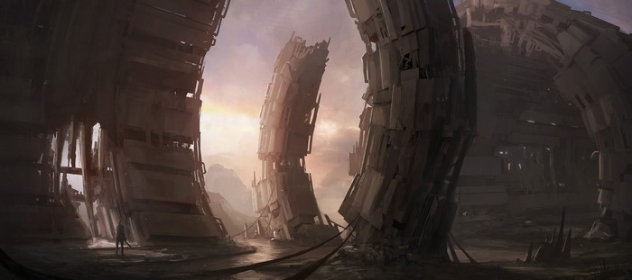 Ruined futuristic structures in a desolate landscape