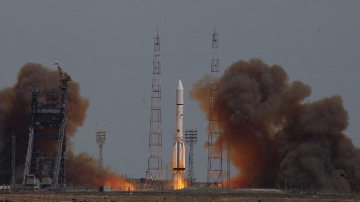 Rocket Launch with Smoke Plumes at Baikonur Cosmodrome
