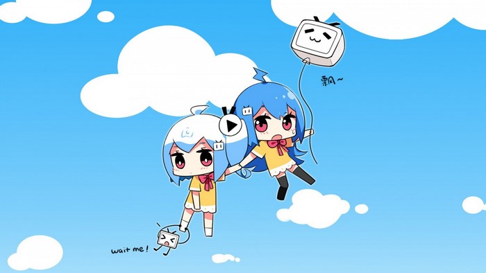 Two anime girls and a TV balloon in the sky