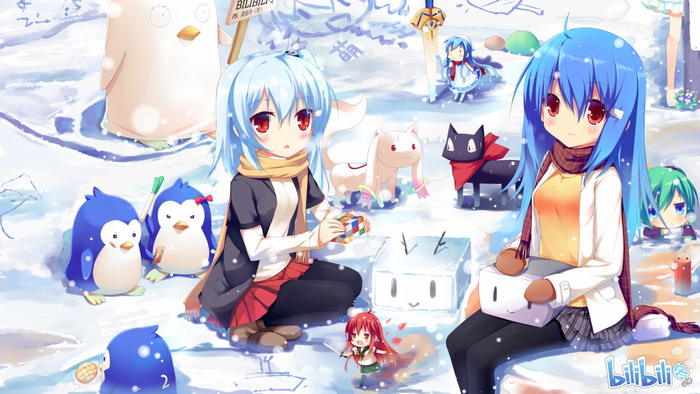 Anime girls playing in the snow with penguins and toys