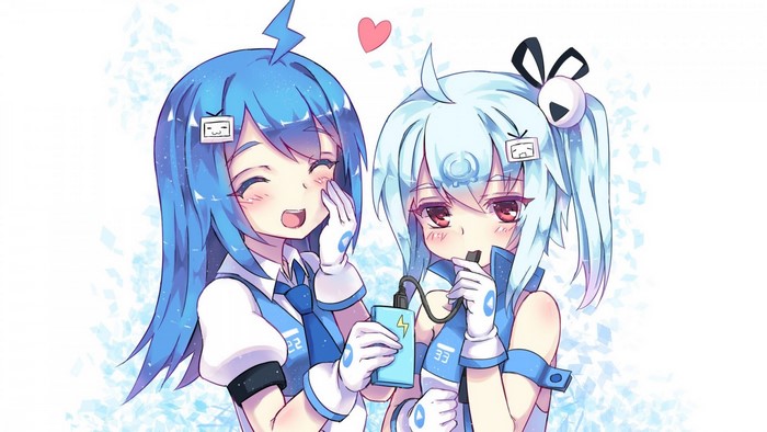 Two anime girls with blue hair and charging power bank
