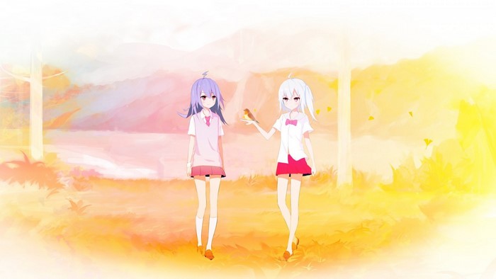 Anime girls with a bird in a watercolor landscape