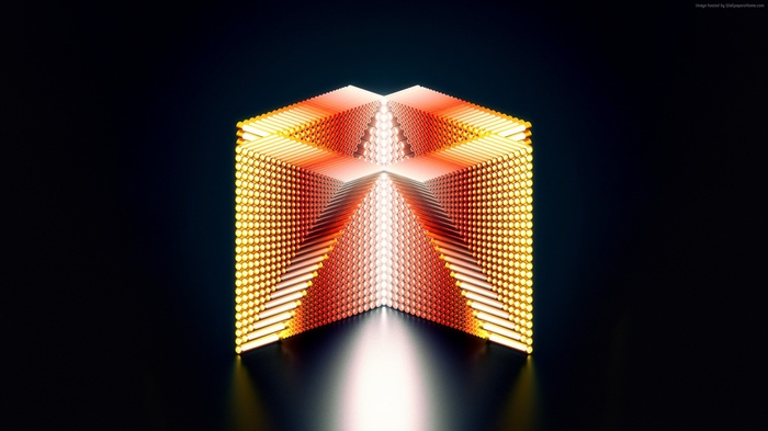 3D abstract cube made of glowing spheres