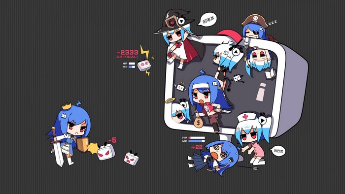 Chibi anime girls in a video game battle scene