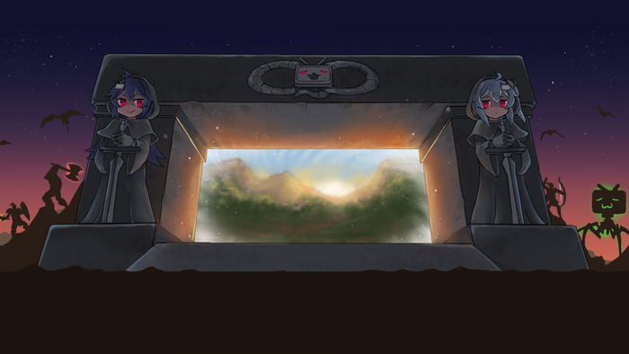 Anime girls guarding a portal to a mountain landscape