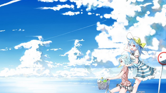 Anime girls on a bicycle under a blue sky with clouds