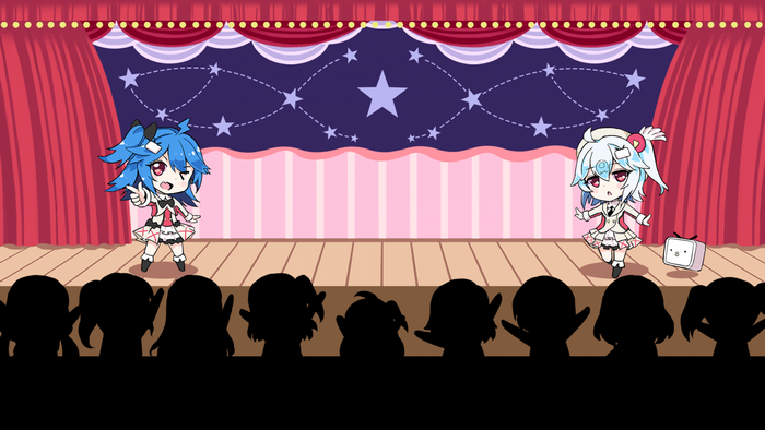 Anime girls performing on stage with audience silhouettes